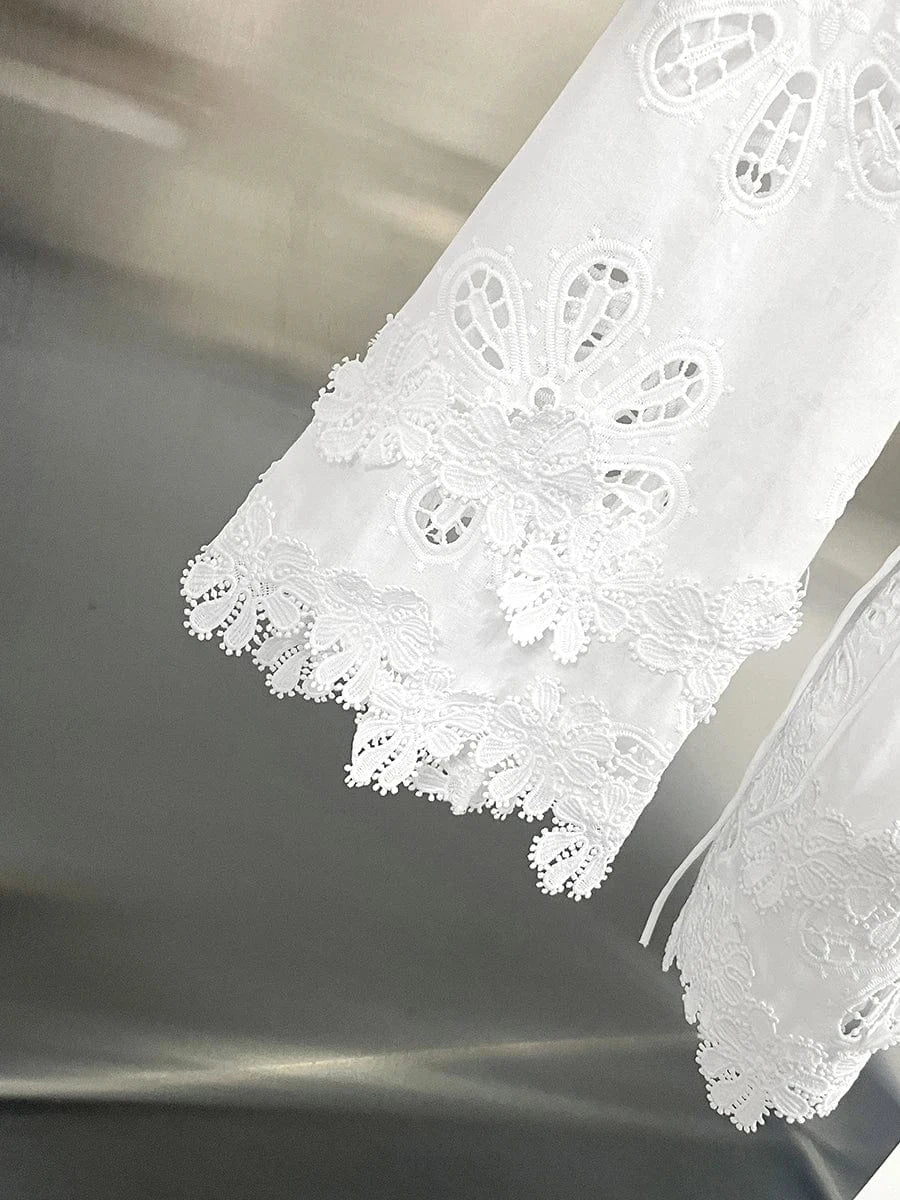 VGH Solid Elegant Spliced Appliques Hollow Dresses for Women V Neck Flare Sleeveless High Waist Temperament Short Dress Female