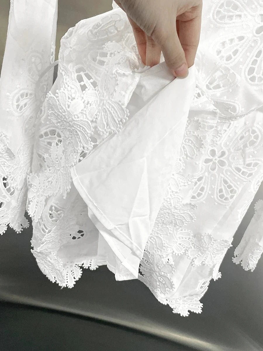 VGH Solid Elegant Spliced Appliques Hollow Dresses for Women V Neck Flare Sleeveless High Waist Temperament Short Dress Female