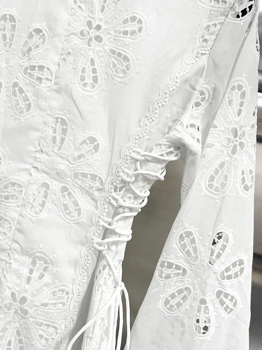 VGH Solid Elegant Spliced Appliques Hollow Dresses for Women V Neck Flare Sleeveless High Waist Temperament Short Dress Female