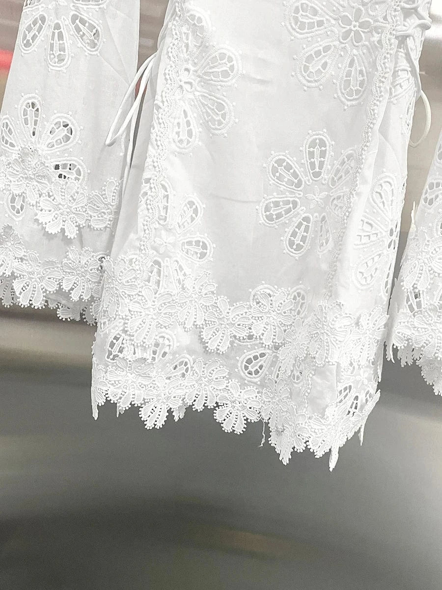 VGH Solid Elegant Spliced Appliques Hollow Dresses for Women V Neck Flare Sleeveless High Waist Temperament Short Dress Female