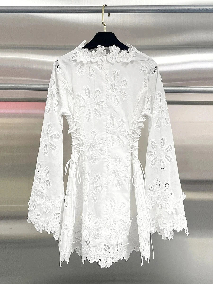 VGH Solid Elegant Spliced Appliques Hollow Dresses for Women V Neck Flare Sleeveless High Waist Temperament Short Dress Female