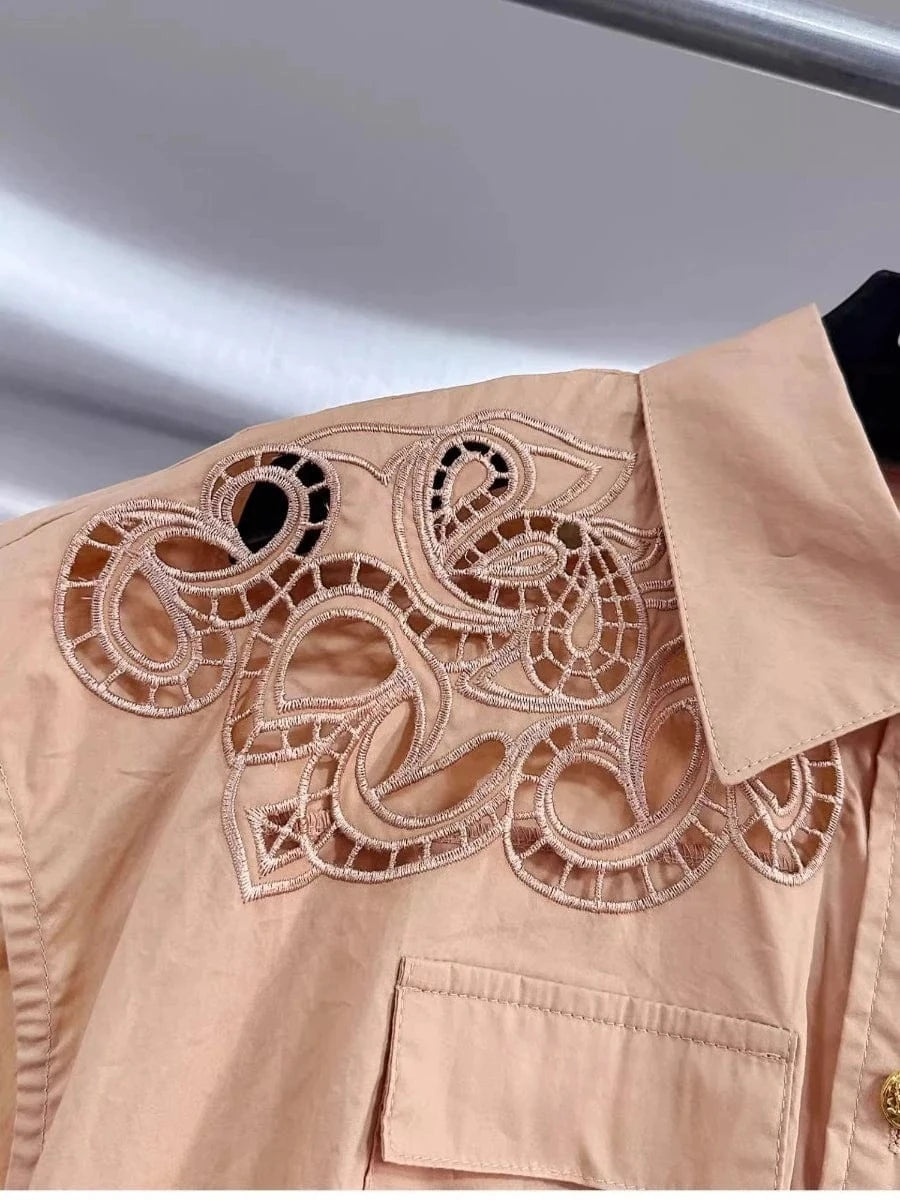 VGH Solid Embroidery Design Two Piece Sets for Women Lapel Sleeveless Top High Wasit Spliced Hollow Out A Line Skirt Suit Female