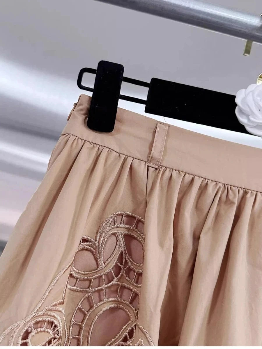 VGH Solid Embroidery Design Two Piece Sets for Women Lapel Sleeveless Top High Wasit Spliced Hollow Out A Line Skirt Suit Female