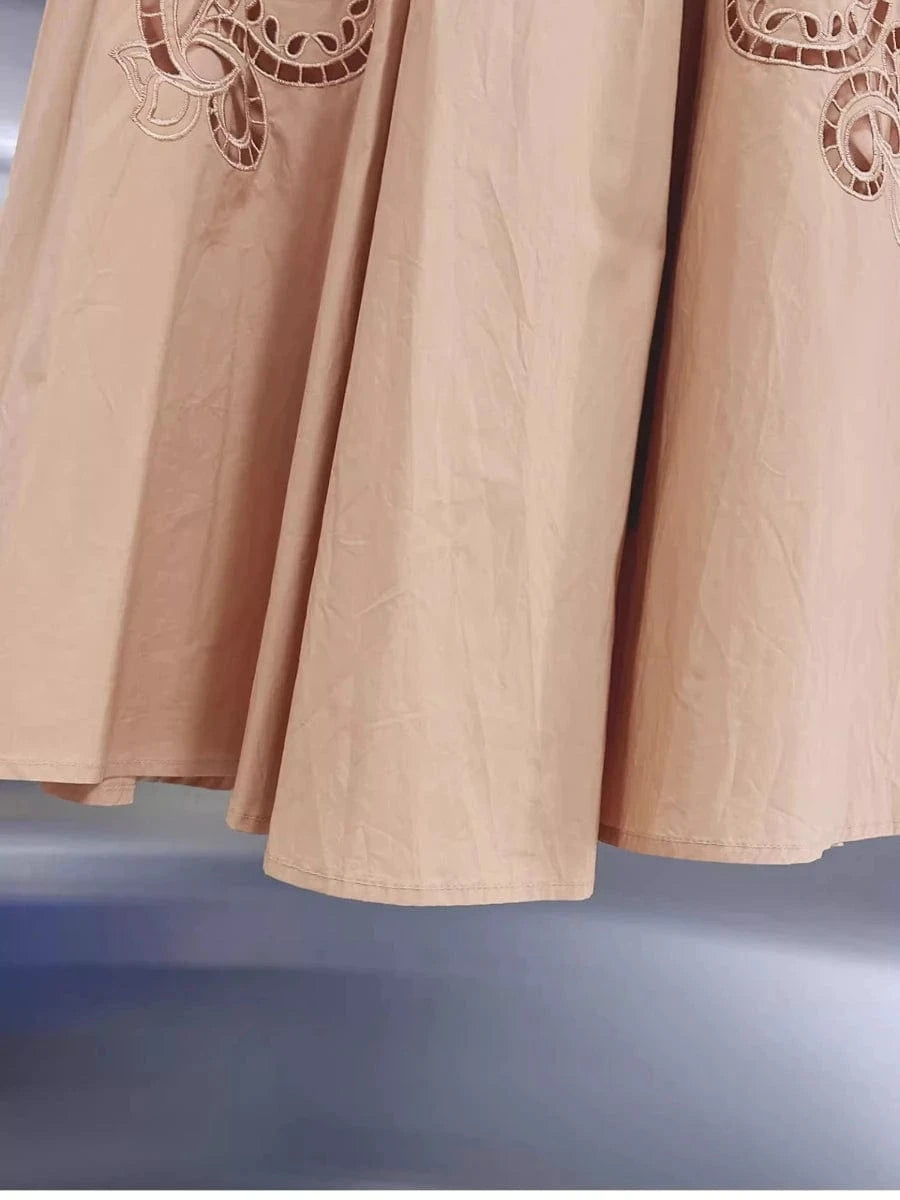 VGH Solid Embroidery Design Two Piece Sets for Women Lapel Sleeveless Top High Wasit Spliced Hollow Out A Line Skirt Suit Female