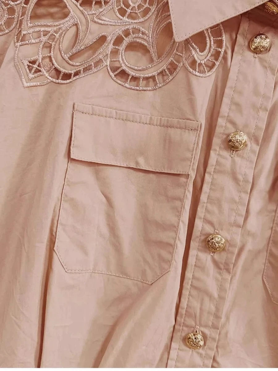 VGH Solid Embroidery Design Two Piece Sets for Women Lapel Sleeveless Top High Wasit Spliced Hollow Out A Line Skirt Suit Female