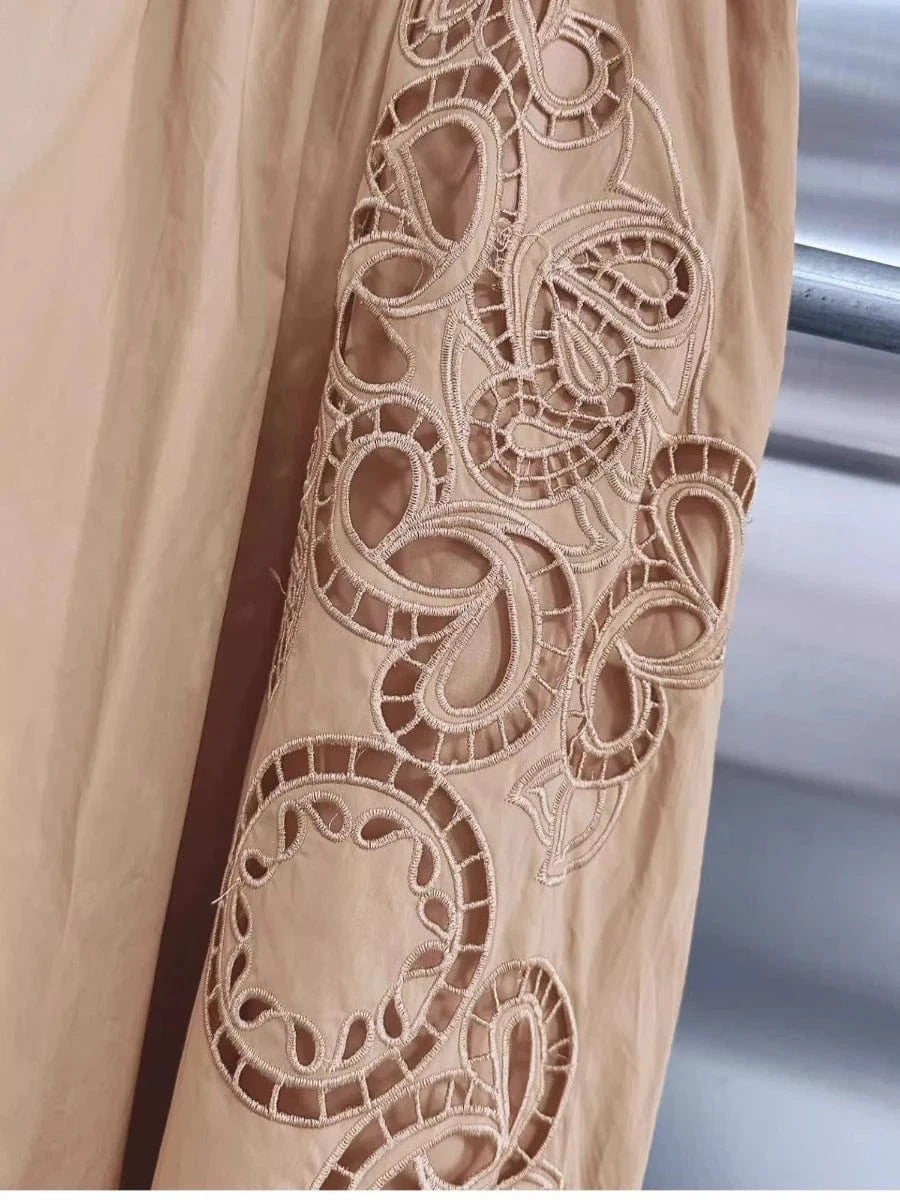 VGH Solid Embroidery Design Two Piece Sets for Women Lapel Sleeveless Top High Wasit Spliced Hollow Out A Line Skirt Suit Female