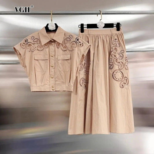 VGH Solid Embroidery Design Two Piece Sets for Women Lapel Sleeveless Top High Wasit Spliced Hollow Out A Line Skirt Suit Female