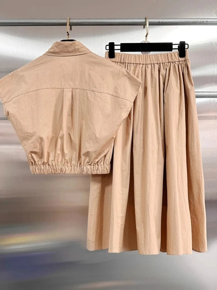 VGH Solid Embroidery Design Two Piece Sets for Women Lapel Sleeveless Top High Wasit Spliced Hollow Out A Line Skirt Suit Female