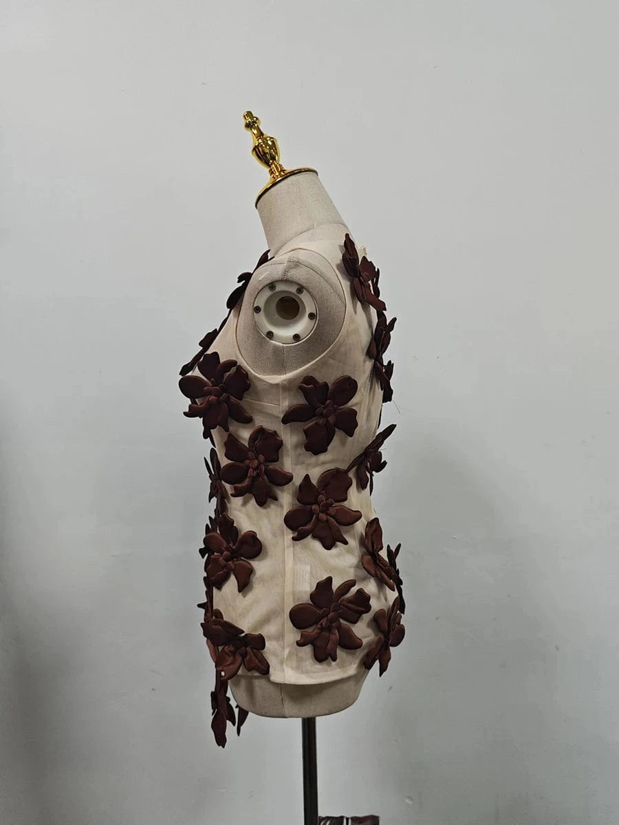 VGH Solid Spliced 3D Petal Tank Tops for Women Round Neck Sleeveless Patchwork Zipper Sheer Mesh Vest Female Fashion Clothing