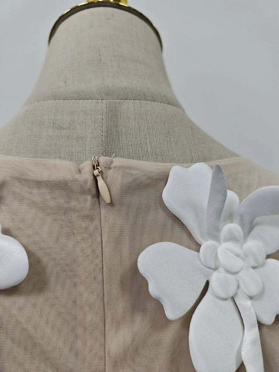 VGH Solid Spliced 3D Petal Tank Tops for Women Round Neck Sleeveless Patchwork Zipper Sheer Mesh Vest Female Fashion Clothing