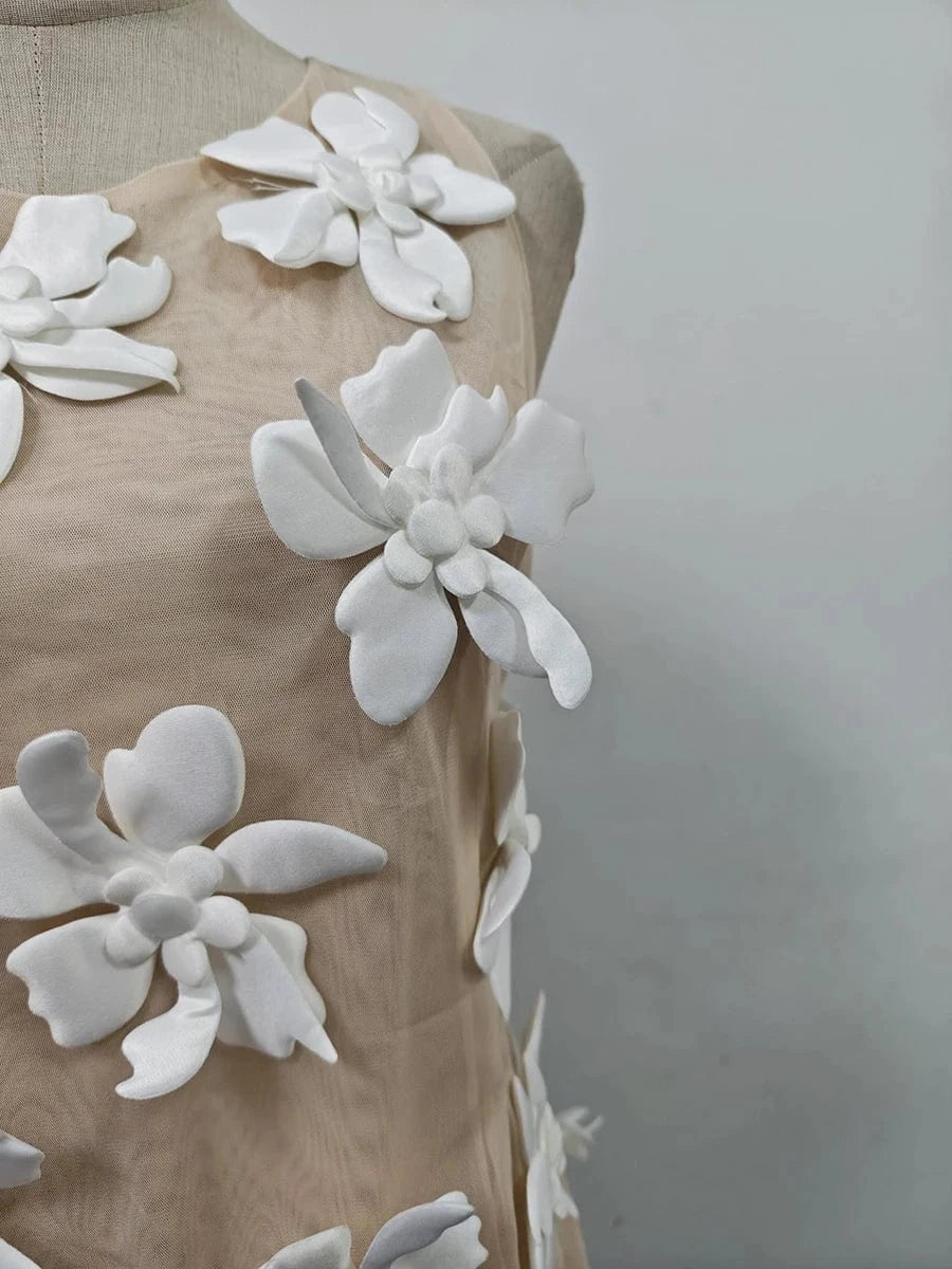 VGH Solid Spliced 3D Petal Tank Tops for Women Round Neck Sleeveless Patchwork Zipper Sheer Mesh Vest Female Fashion Clothing