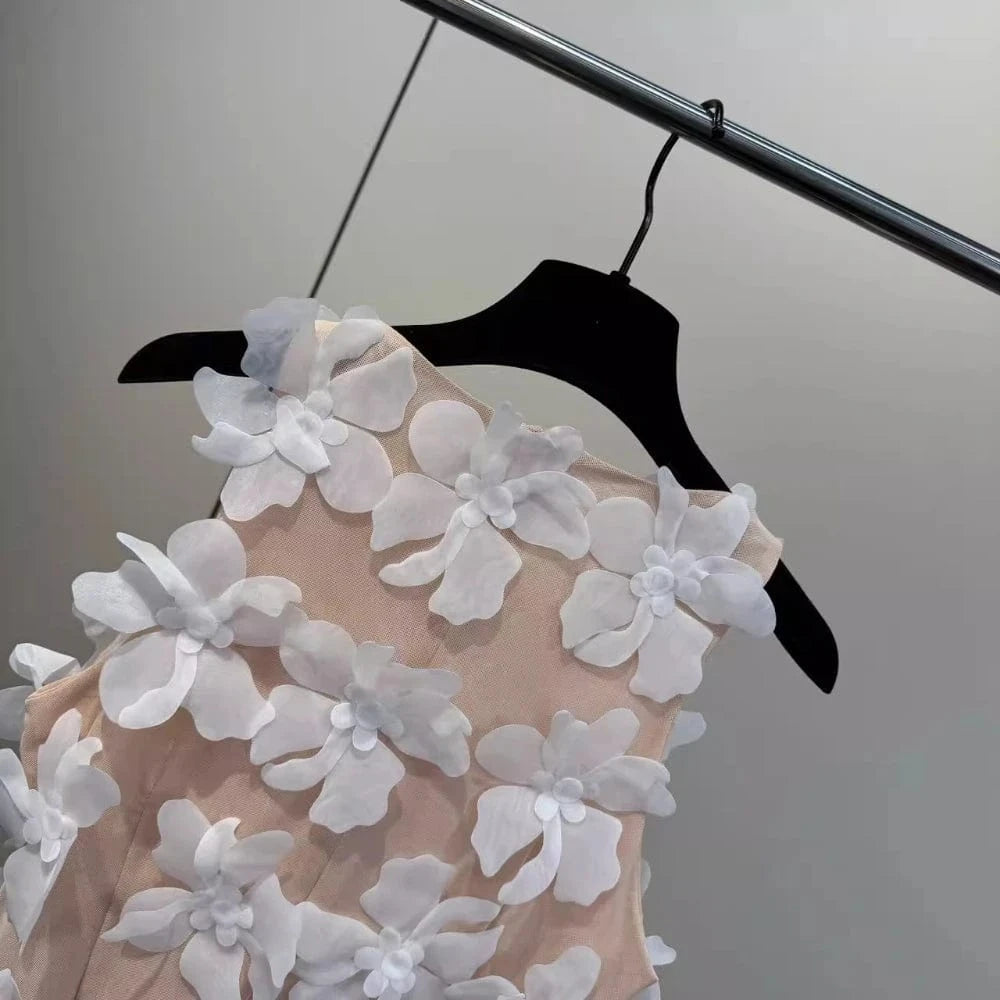 VGH Solid Spliced 3D Petal Tank Tops for Women Round Neck Sleeveless Patchwork Zipper Sheer Mesh Vest Female Fashion Clothing