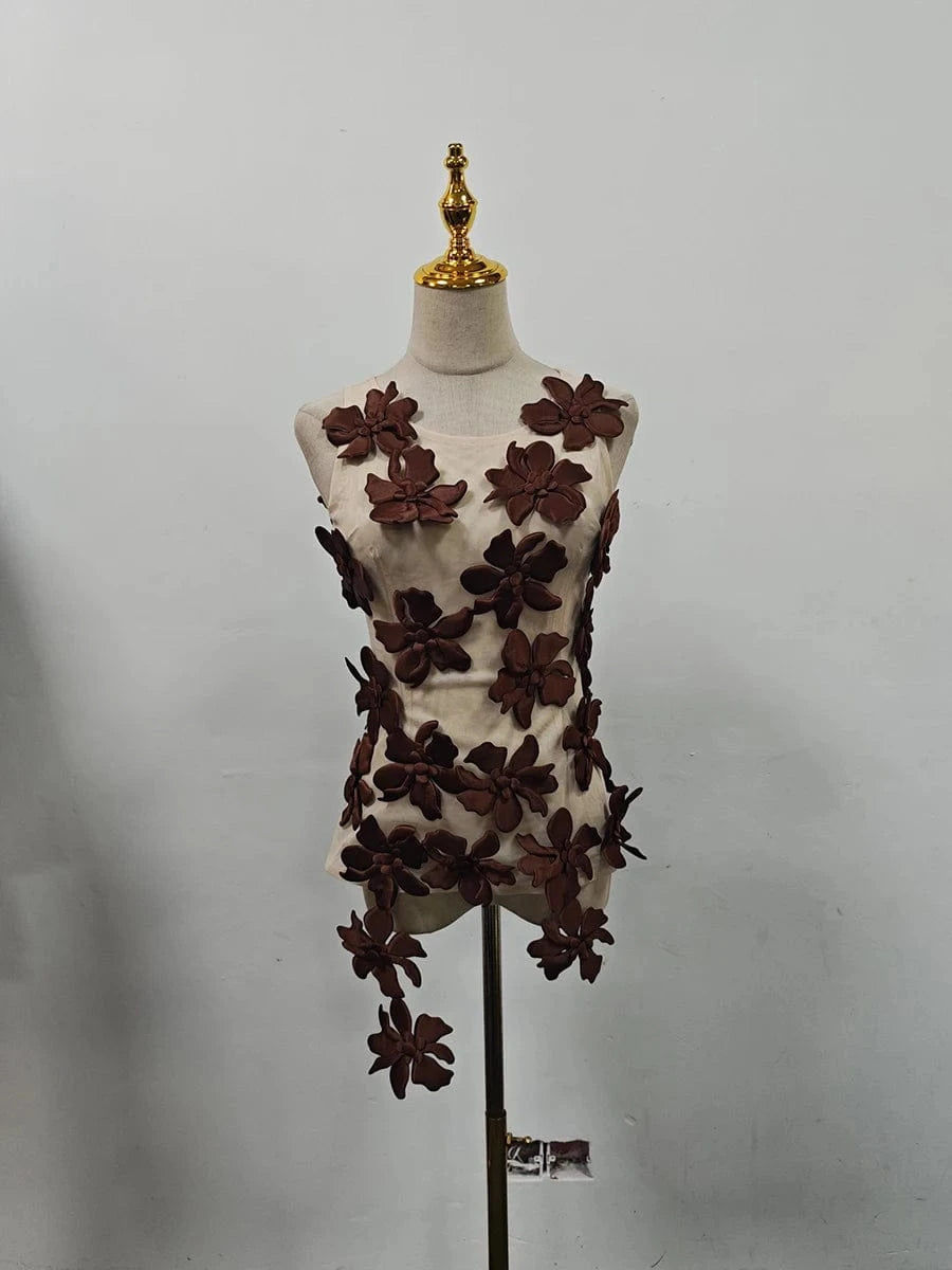 VGH Solid Spliced 3D Petal Tank Tops for Women Round Neck Sleeveless Patchwork Zipper Sheer Mesh Vest Female Fashion Clothing