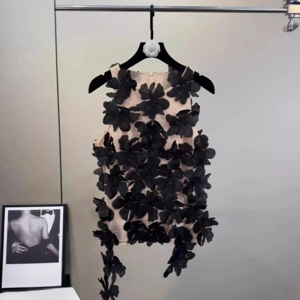 VGH Solid Spliced 3D Petal Tank Tops for Women Round Neck Sleeveless Patchwork Zipper Sheer Mesh Vest Female Fashion Clothing