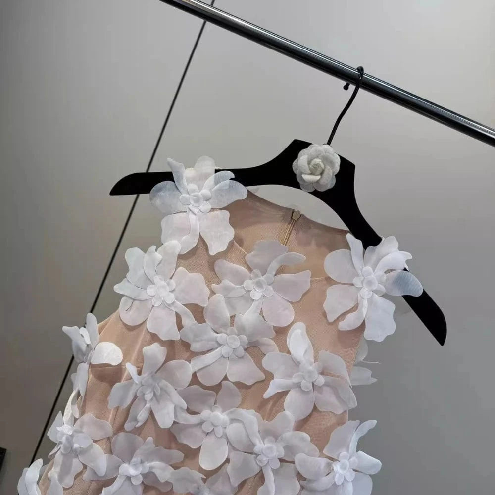 VGH Solid Spliced 3D Petal Tank Tops for Women Round Neck Sleeveless Patchwork Zipper Sheer Mesh Vest Female Fashion Clothing