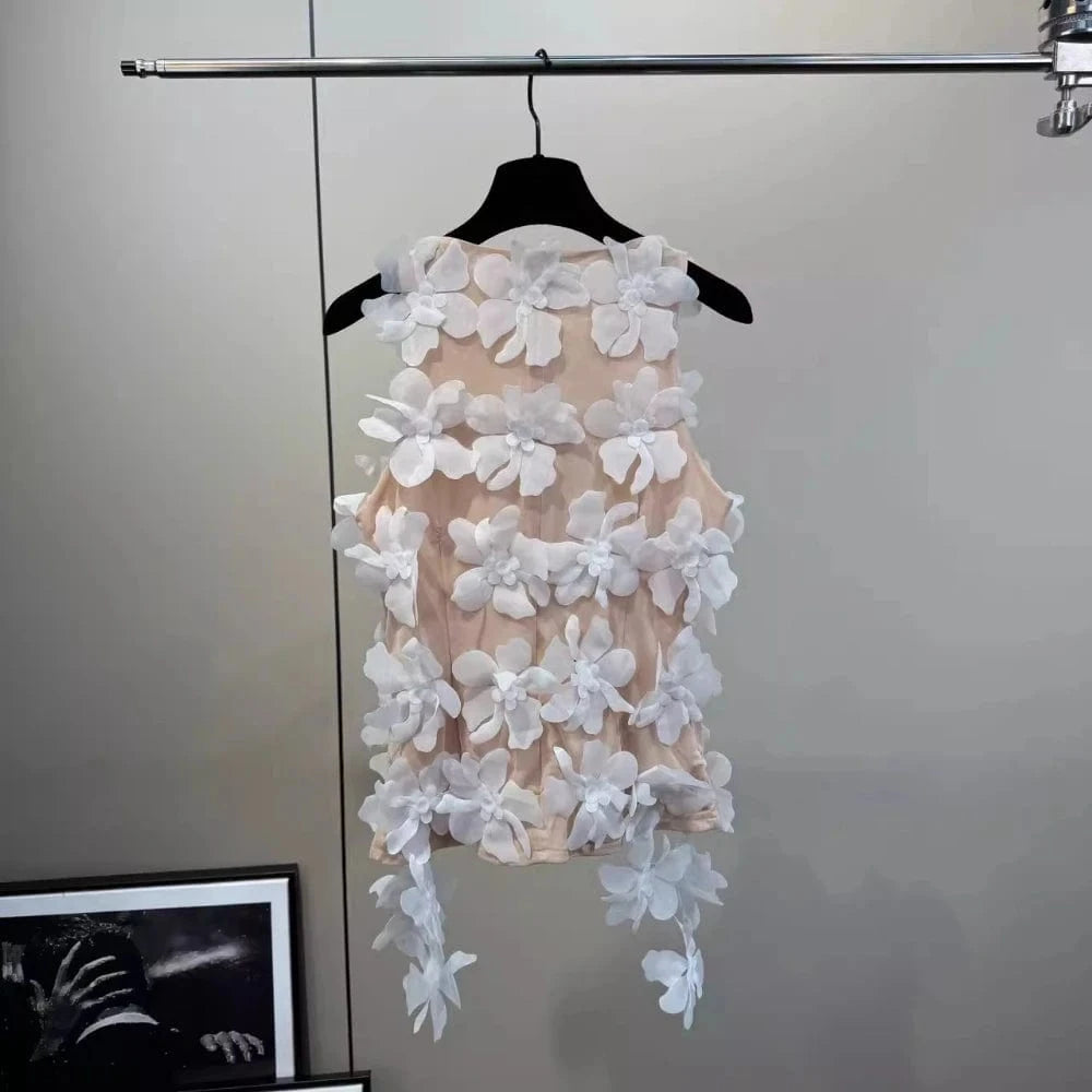 VGH Solid Spliced 3D Petal Tank Tops for Women Round Neck Sleeveless Patchwork Zipper Sheer Mesh Vest Female Fashion Clothing