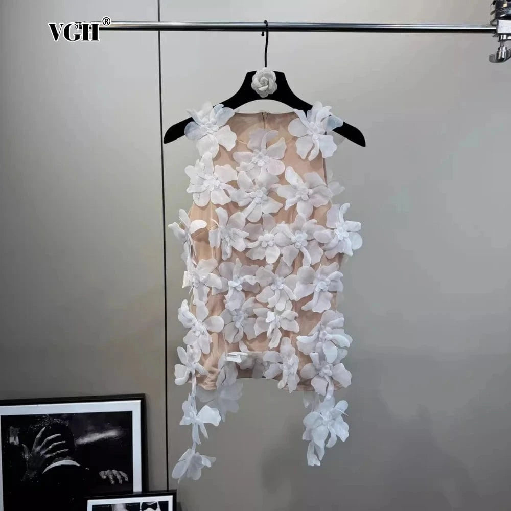 VGH Solid Spliced 3D Petal Tank Tops for Women Round Neck Sleeveless Patchwork Zipper Sheer Mesh Vest Female Fashion Clothing