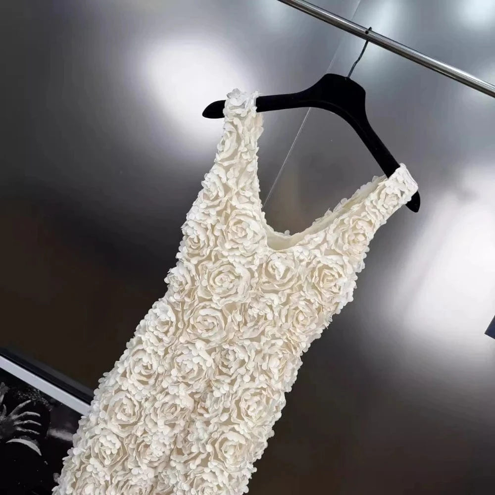 VGH Spliced 3D Rose Sexy Evening Dress for Women V Neck Sleeveless High Waist Backless Luxury Ceremony Long Dresses Female New