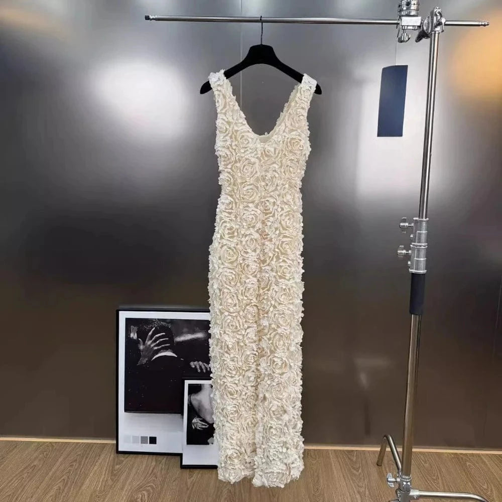VGH Spliced 3D Rose Sexy Evening Dress for Women V Neck Sleeveless High Waist Backless Luxury Ceremony Long Dresses Female New