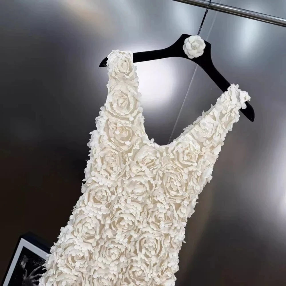 VGH Spliced 3D Rose Sexy Evening Dress for Women V Neck Sleeveless High Waist Backless Luxury Ceremony Long Dresses Female New