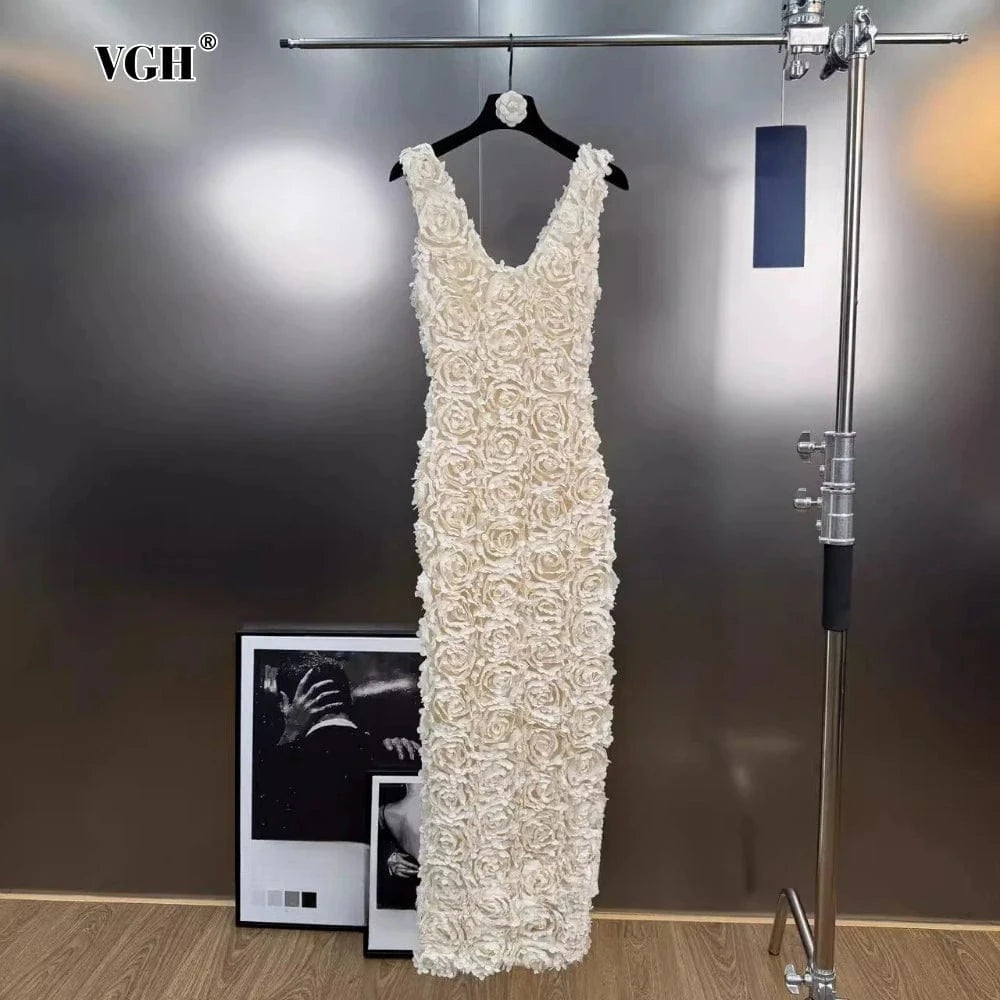 VGH Spliced 3D Rose Sexy Evening Dress for Women V Neck Sleeveless High Waist Backless Luxury Ceremony Long Dresses Female New