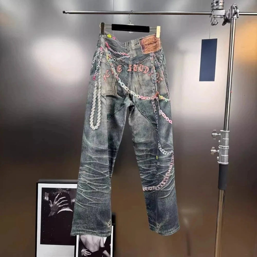 VGH Spliced Colorful Beading Chain Jeans for Women High Waist Patchwork Distressed American Retro Spring Trousers Female Style
