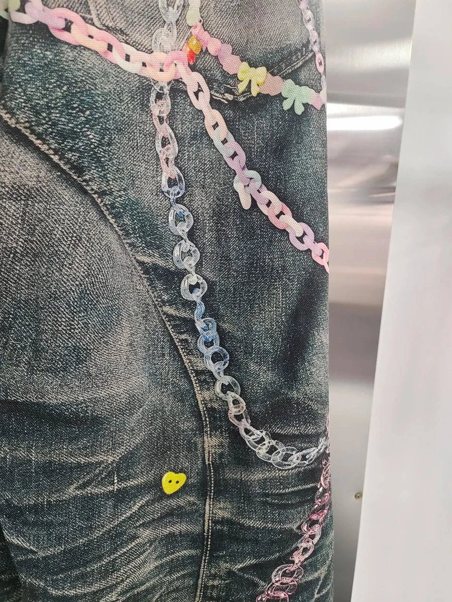 VGH Spliced Colorful Beading Chain Jeans for Women High Waist Patchwork Distressed American Retro Spring Trousers Female Style