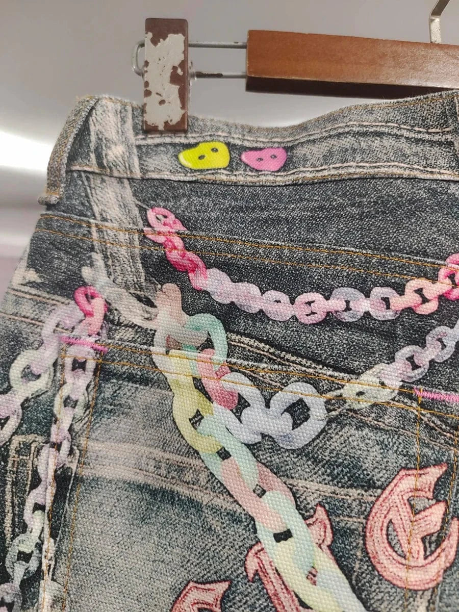 VGH Spliced Colorful Beading Chain Jeans for Women High Waist Patchwork Distressed American Retro Spring Trousers Female Style