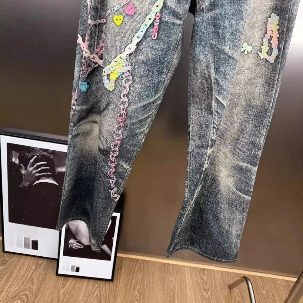 VGH Spliced Colorful Beading Chain Jeans for Women High Waist Patchwork Distressed American Retro Spring Trousers Female Style