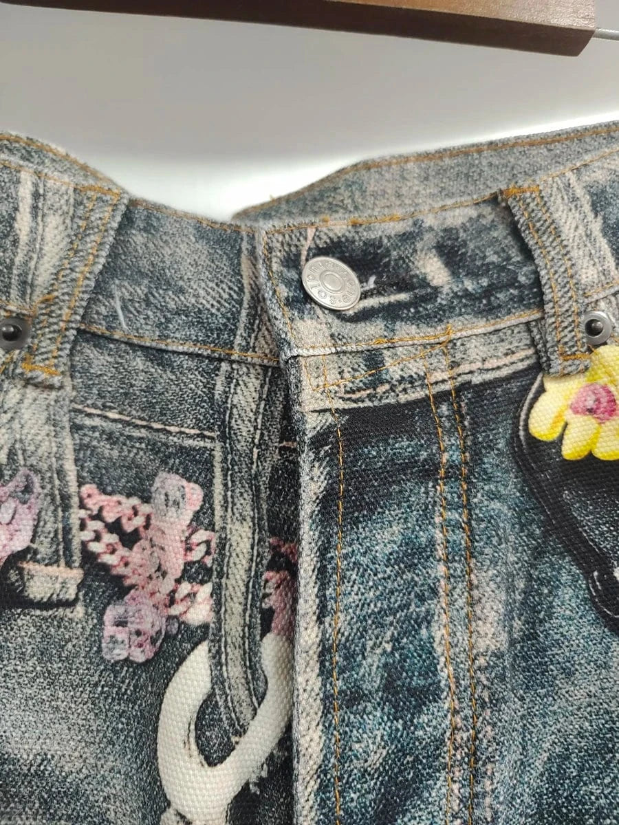 VGH Spliced Colorful Beading Chain Jeans for Women High Waist Patchwork Distressed American Retro Spring Trousers Female Style