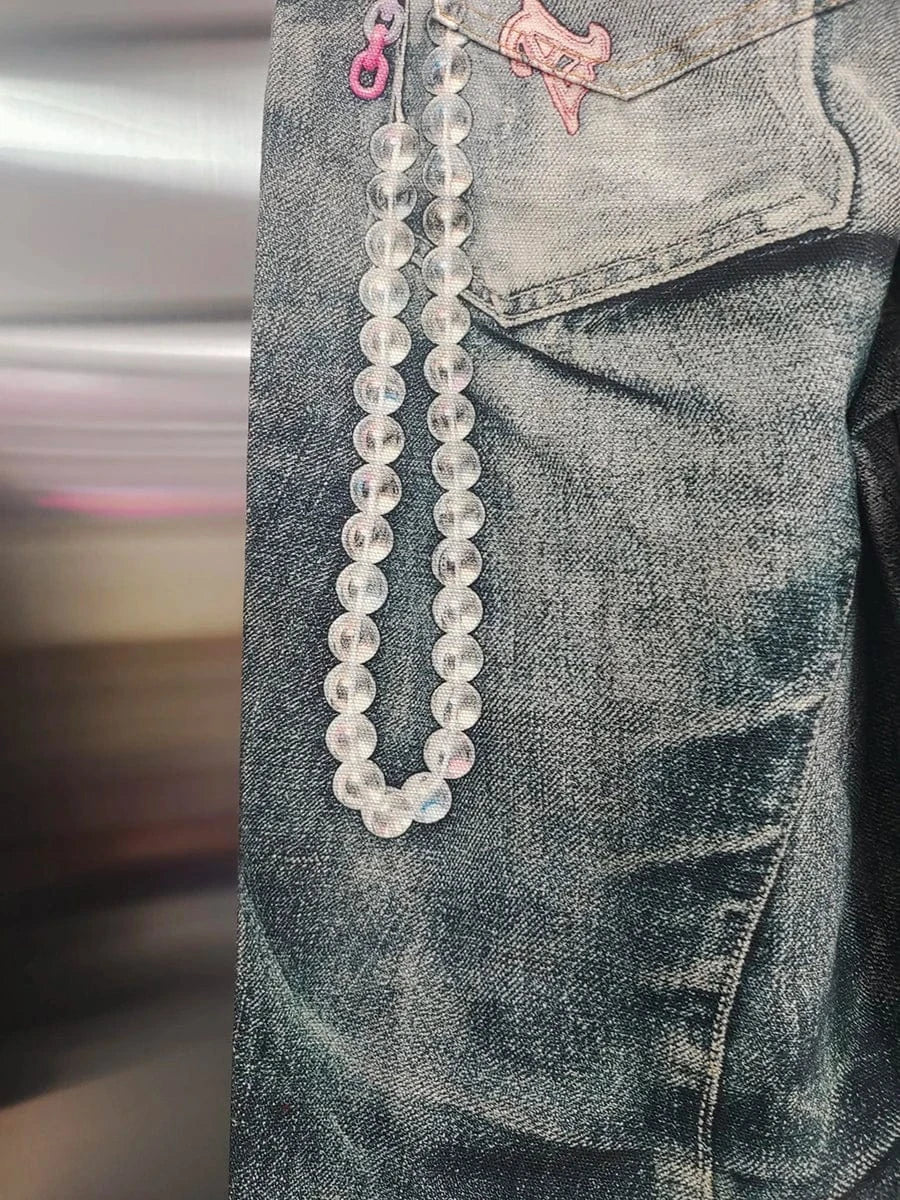 VGH Spliced Colorful Beading Chain Jeans for Women High Waist Patchwork Distressed American Retro Spring Trousers Female Style