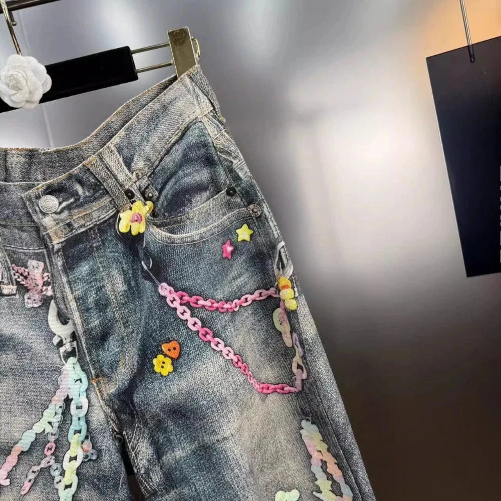 VGH Spliced Colorful Beading Chain Jeans for Women High Waist Patchwork Distressed American Retro Spring Trousers Female Style