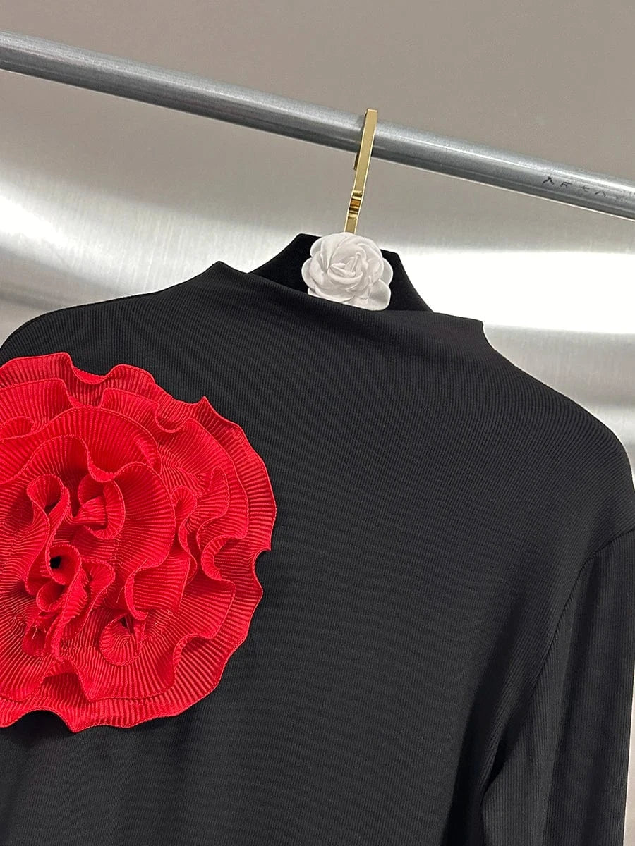 VGH Temperament Spliced Fungus Shirt For Women Turtleneck Petal Sleeve Slimming Chic Elegant Hit Color Blouse Female Spring New