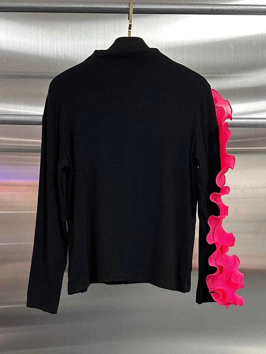 VGH Temperament Spliced Fungus Shirt For Women Turtleneck Petal Sleeve Slimming Chic Elegant Hit Color Blouse Female Spring New