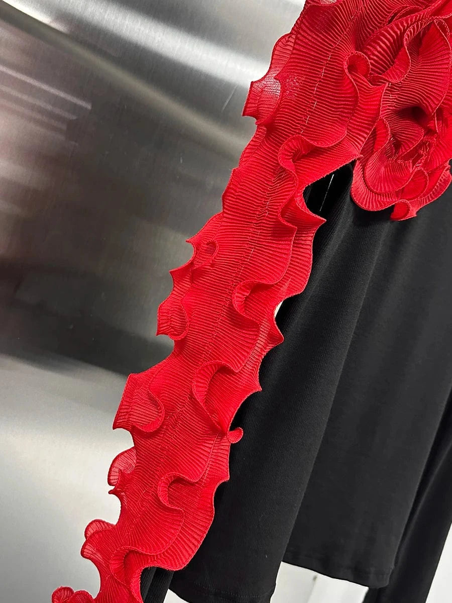 VGH Temperament Spliced Fungus Shirt For Women Turtleneck Petal Sleeve Slimming Chic Elegant Hit Color Blouse Female Spring New