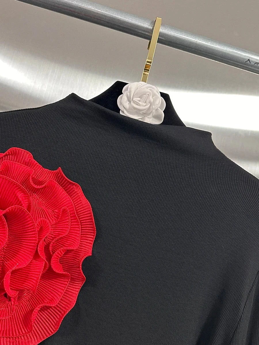 VGH Temperament Spliced Fungus Shirt For Women Turtleneck Petal Sleeve Slimming Chic Elegant Hit Color Blouse Female Spring New