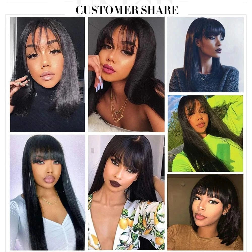 Vigin Full Machine No Lace Peruvian Bob Wig With Bang,Colored Human Hair Short Bob Wigs,12 Inch 613 Blonde Bob Wigs