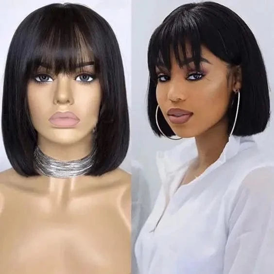 Vigin Full Machine No Lace Peruvian Bob Wig With Bang,Colored Human Hair Short Bob Wigs,12 Inch 613 Blonde Bob Wigs