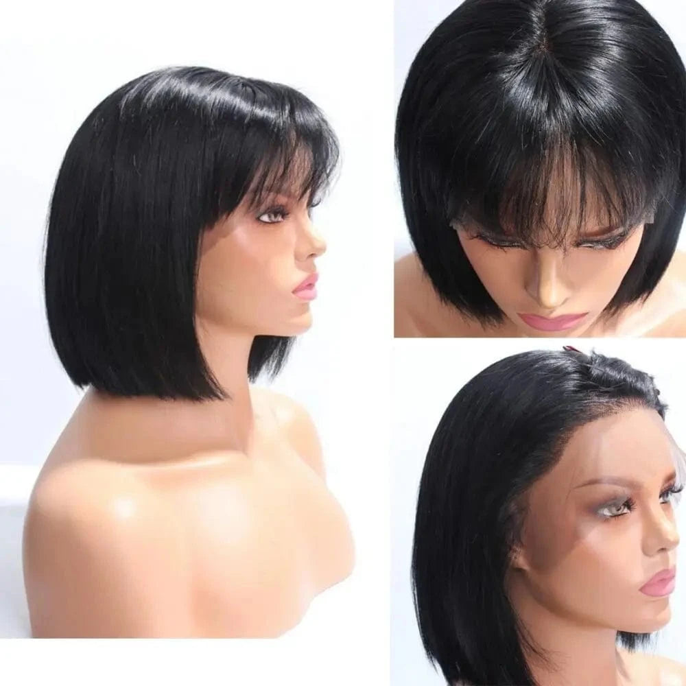Vigin Full Machine No Lace Peruvian Bob Wig With Bang,Colored Human Hair Short Bob Wigs,12 Inch 613 Blonde Bob Wigs