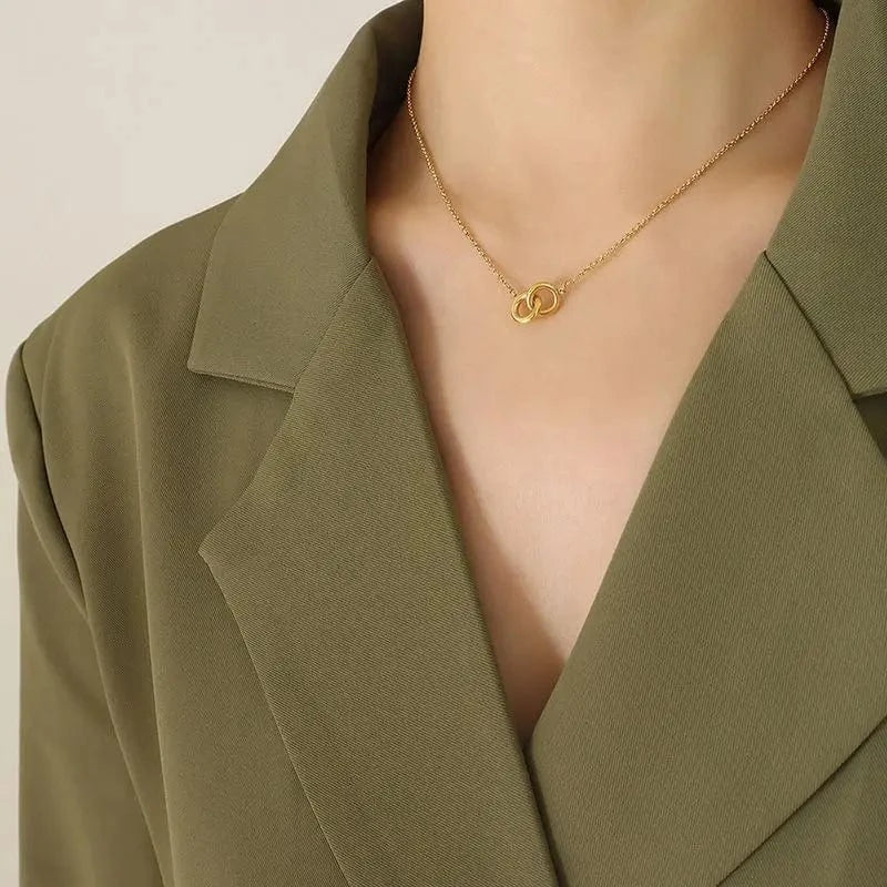 vintage / 18inches / JDNP665 N2421 Minimalist Hollow Double Circle Necklace Stainless Steel Round Circle Pendant Necklace for Women