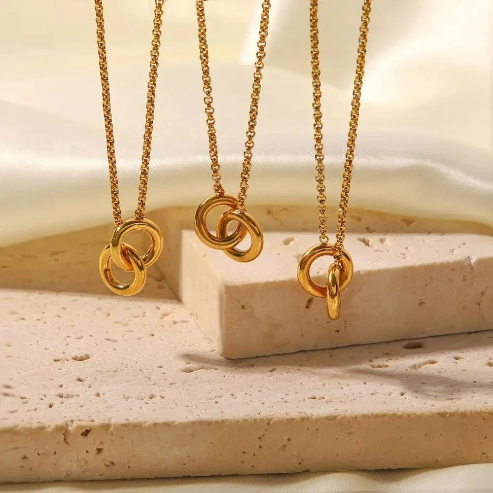 vintage / 18inches / JDNP665 N2421 Minimalist Hollow Double Circle Necklace Stainless Steel Round Circle Pendant Necklace for Women
