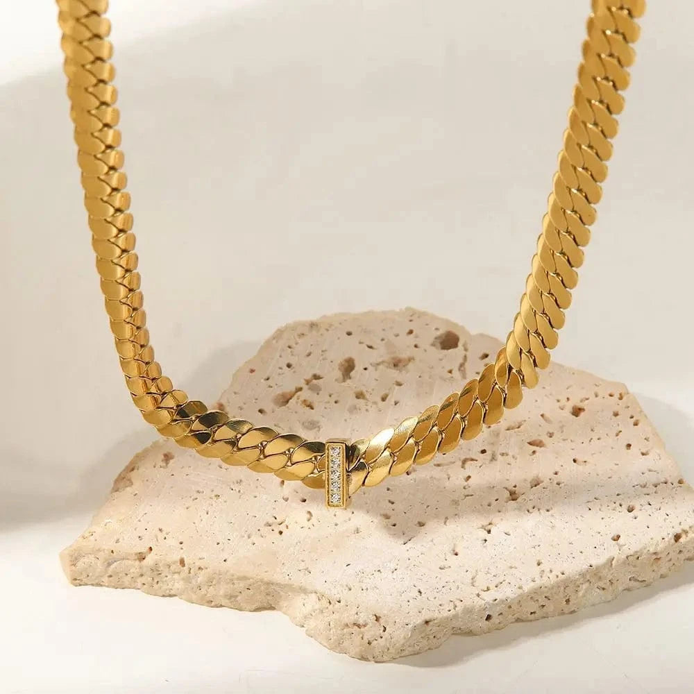 vintage / 18inches / N2356 N2356 Geometric 18K PVD Gold Plated Stainless Steel Flat Cuban Chain Zircon Bar Pendant Necklace