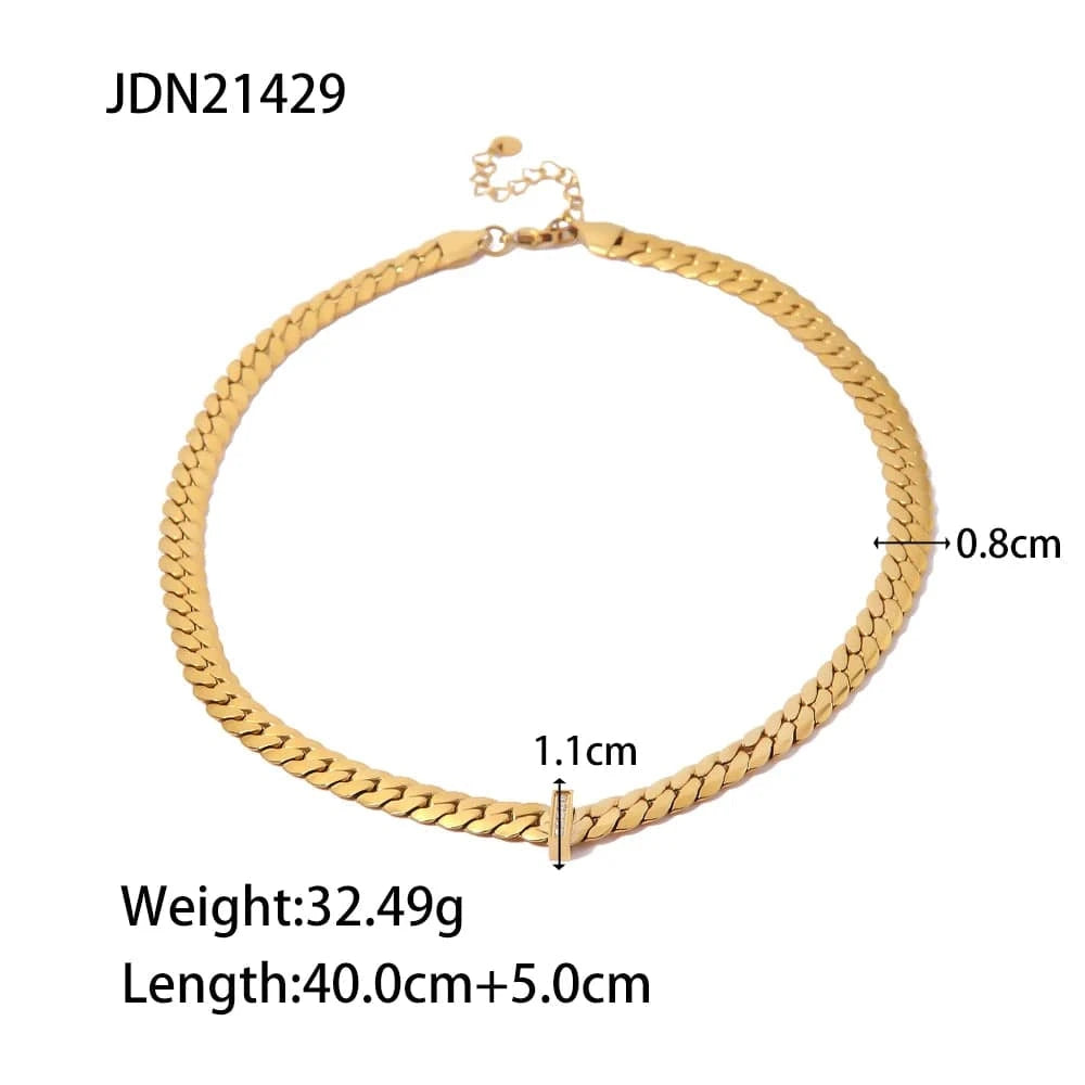 vintage / 18inches / N2356 N2356 Geometric 18K PVD Gold Plated Stainless Steel Flat Cuban Chain Zircon Bar Pendant Necklace