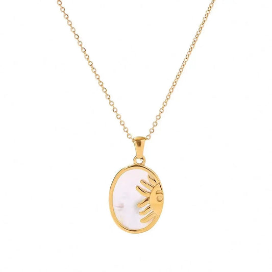 vintage / 18inches / N2409 N2409 New Stainless Steel White Shell Sun Necklace 18K Gold Plated Oval Sun Shell Pendant Necklace