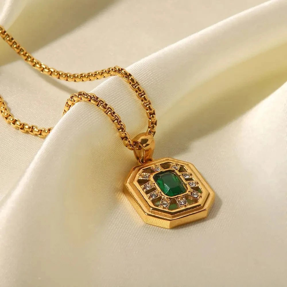vintage / 18inches / N2416 N2416 Vintage Jewelry 18K Gold Plated Box Chain Stainless Steel Hollow Green Zircon Pendant Necklace