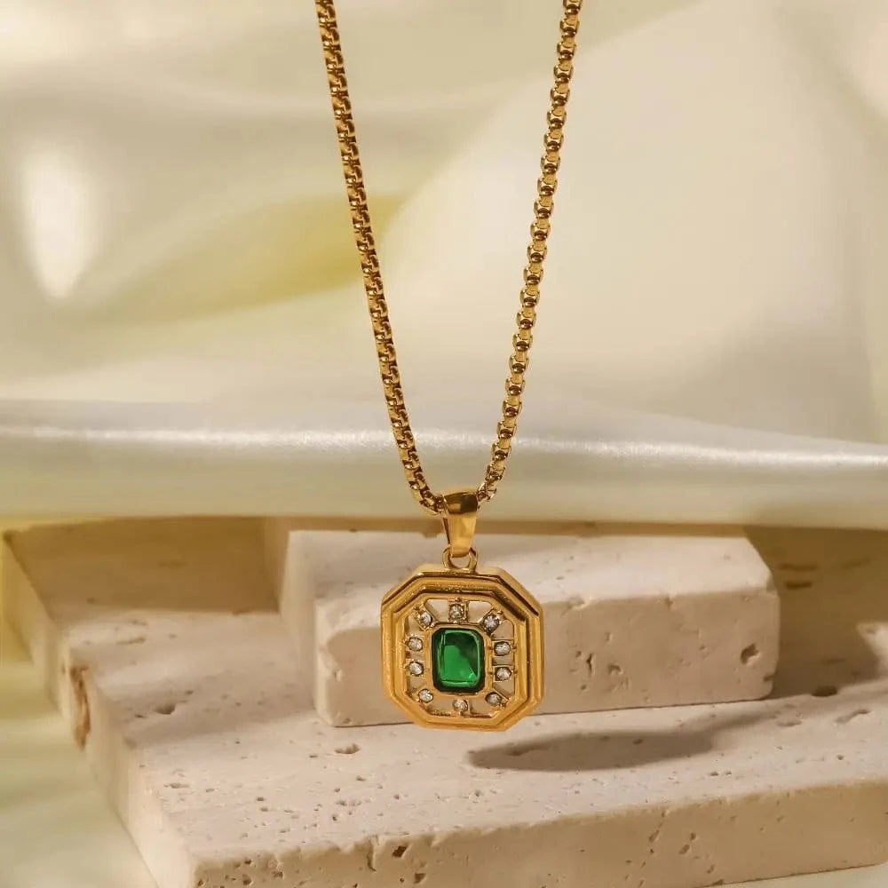 vintage / 18inches / N2416 N2416 Vintage Jewelry 18K Gold Plated Box Chain Stainless Steel Hollow Green Zircon Pendant Necklace