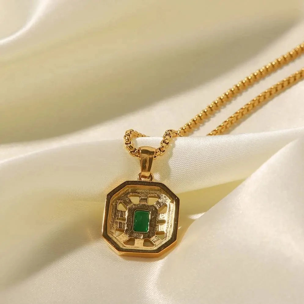 vintage / 18inches / N2416 N2416 Vintage Jewelry 18K Gold Plated Box Chain Stainless Steel Hollow Green Zircon Pendant Necklace