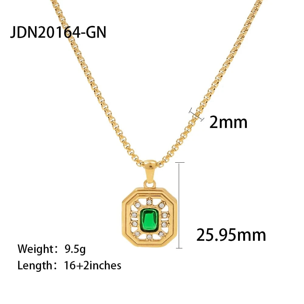 vintage / 18inches / N2416 N2416 Vintage Jewelry 18K Gold Plated Box Chain Stainless Steel Hollow Green Zircon Pendant Necklace