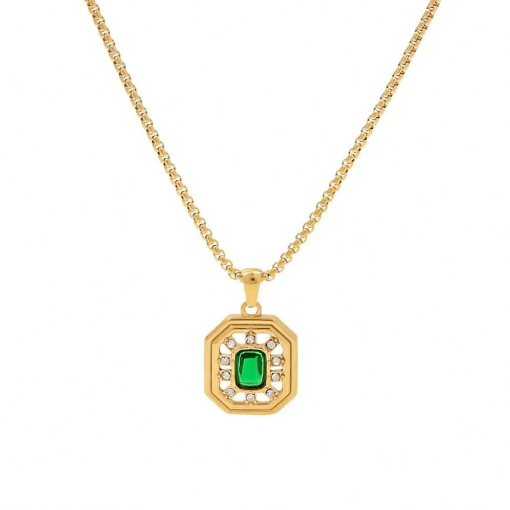 vintage / 18inches / N2416 N2416 Vintage Jewelry 18K Gold Plated Box Chain Stainless Steel Hollow Green Zircon Pendant Necklace