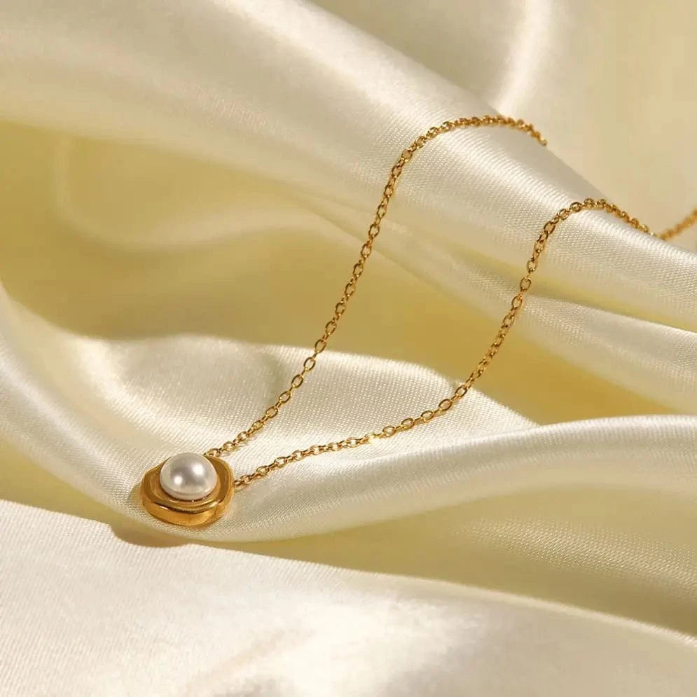 vintage / 18inches / N2424 N2424 Vintage Jewelry Stainless Steel Link Chain Pearl Necklace Irregular Pendant Paved White Pearl Necklace